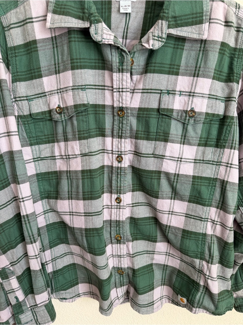 Carhartt Hamilton Flannel Shirt II XL 16/18 Green Gray Plaid Relaxed Fit Cotton - Picture 6 of 16